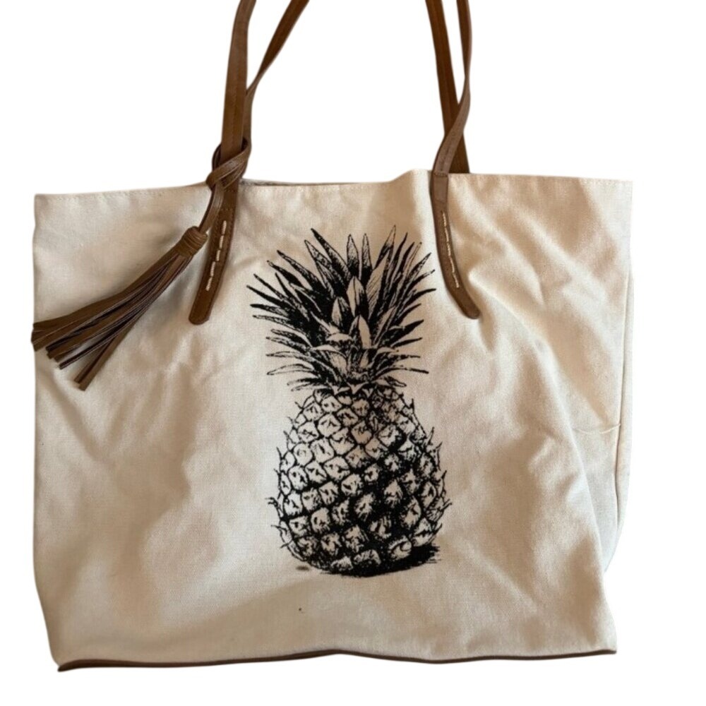 Sonoma Goods For Life Pineapple Canvas Tote Bag Brown Tassel Cream Shoulder Bag